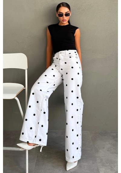 Madmext Beyaz Puantiye Desenli Yüksek Bel Pantolon Mg2861