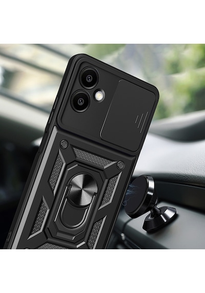 Zore Galaxy A06 Uyumlu Magnetik Standlı Kamera Korumalı Sürgülü Vega Kapak-siyah Siyah