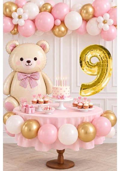 9 Yaş Retro Papyonlu Folyo Krem Ayıcık Pembe Gold Beyaz Balon Gold Rakam Doğum Günü Kutlaması Altın - Krem