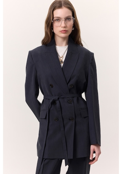 Manuka Tencel Kemerli Kruvaze Blazer Ceket İndigo Indigo