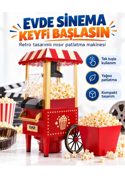 Nostaljik Arabalı Patlamış Mısır Makinesi Kırmızı