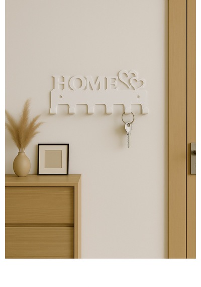 Lunoart Home Yazılı Kalpli Metal Anahtarlık Askısı Duvar Tipi Anahtar Organizer Beyaz