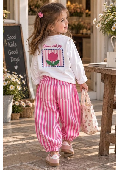 Defy Kız Çocuk Çiçek Baskılı Penye Ve Pantolon Takım Pembe