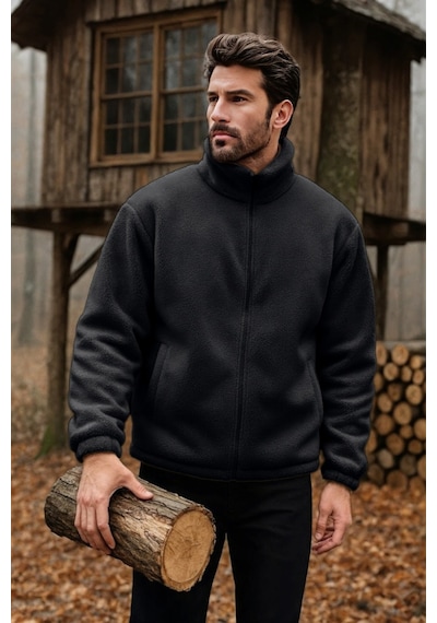 Ghassy Co. Erkek Pro Termal İç Dış Sherpa Sonbahar Kış Tam Fermuarlı Peluş Sweatshirt Siyah