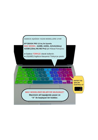 Macbook Klavye Koruyucu Türkçe Q Çeviri A2338 M1 M2 13 İnç A2251 A2289 A2141 16 İnç Us Ansı Düz Enter Silikon Keyboard Cover Touch Bar Pembe Yeşil