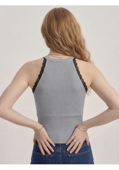 Neden Tekstil Kadın Dantel Detaylı Halter Yaka Fitilli Triko Bluz - Gri