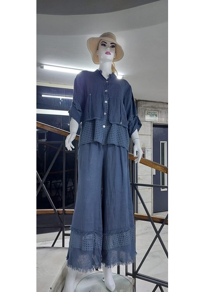 Bohem Stil İtalyan Fisto Detaylı Keten Pantolon Ceket Takım-9196 Gri