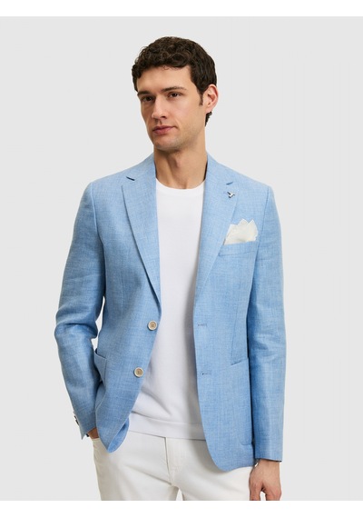 Cacharel Mavi Slim Fit Yün Keten Karışımlı Mikro Desen Mono Yaka Ceket