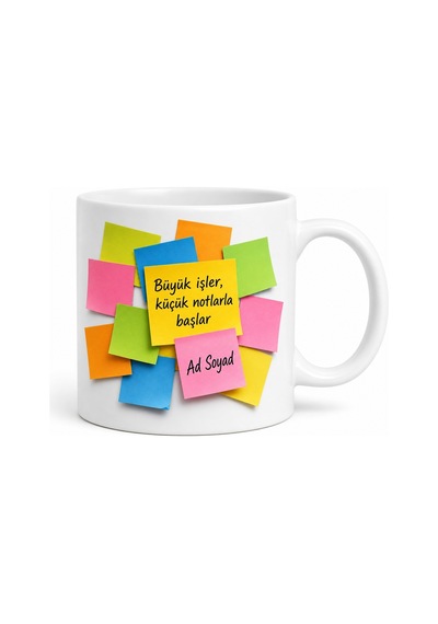 İsimli Post-it Desenli Ofis Kupası Kişiye Özel Baskılı Hediye Bardak Beyaz / Çok Renkli