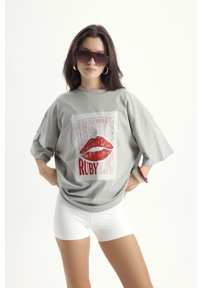 Mai Studios Co. Lip Print Oversize Gri T-shirt Gri