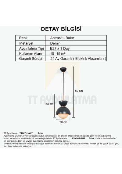 Tt007-1-Ant Tt Aydınlatma Mat Antrasit Tekli Lüks Avize