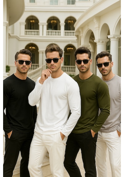 Rich Erkek Siyah-beyaz-grimelanj-haki 4'lü Paket Basic Uzun Kollu Tişört Body T-shirt Siyah