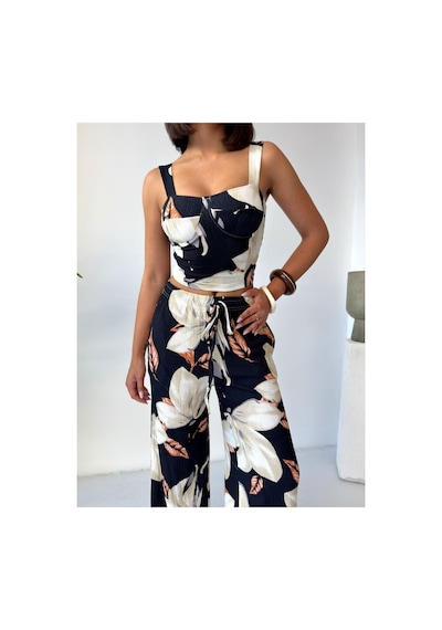 Evoa Kadın Magnolia Desenli Crop Ve Pantolon Takım Siyah Siyah