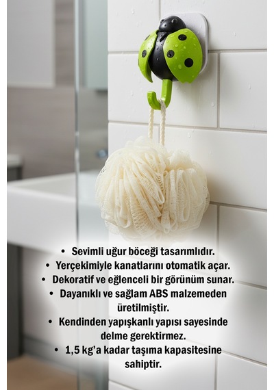 Uğur Böceği Tasarımlı Askılık Kanatları Açılan, Yapışkanlı Duvara Asılabilir Çanta, Havlu Ve Anahtarlık Askısı Diğer