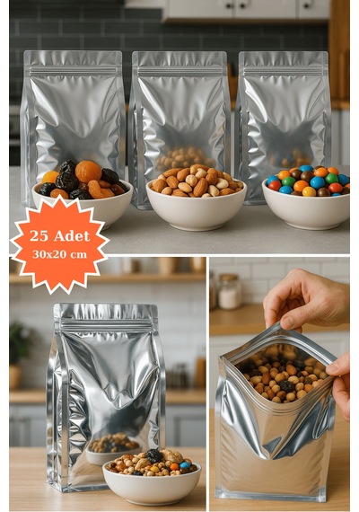 Kilitli Metalize Flat Bottom Kahve Kuruyemiş Bakliyat Kedi Kumu Yem Saklama Torbası 30x20cm 25li