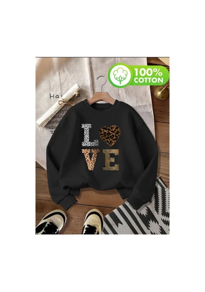 Herkesemoda Love Desen Detaylı Bisiklet Yaka İçi Polarlı Sweatshirt Siyah