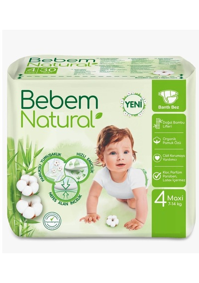 Bebem Bebek Bezi Natural Beden:4 7-14kg Maxi 104 Adet Ekonomik 4 Numara