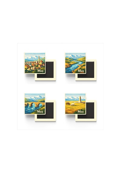 Muş - 4'lü Memleket Seti - Baskılı Buzdolap Magneti Kare - 9x9 Cm - 4 Adet