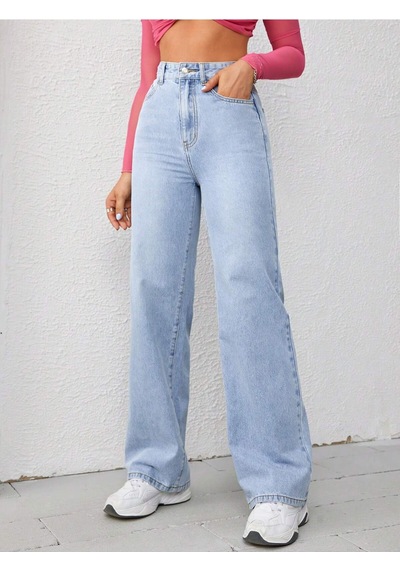 Straight Kadın Denim Pantolon Açık Yıkamalı Mavi