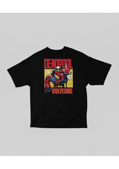 Marvel Wolverine X Deadpool Baskılı Unisex Tişört, Oversize Film Siyah