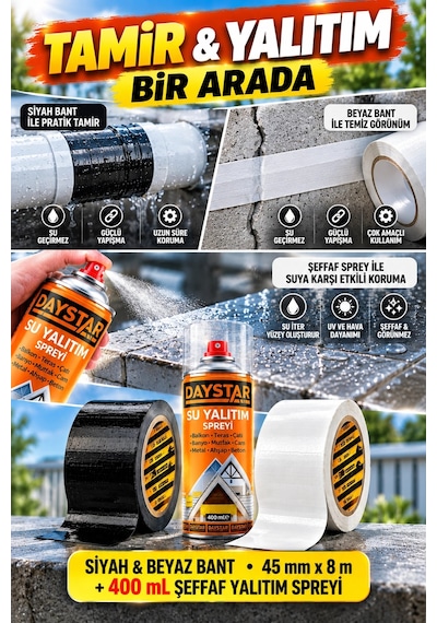 3 Lü Su Geçirmez Yalıtım Ve Tamir Seti 45 Mm 8 M Siyah Beyaz Bant + 400 Ml Daystar Şeffaf Su Yalıt