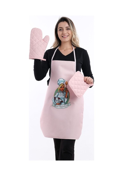 Beautiful Set Sıvı Geçirmez Su Geçirmez Mutfak Önlüğü 1 Eldiven 1 Tutacak Pembe