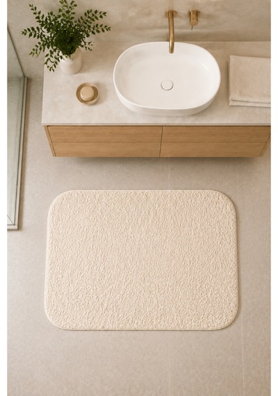 Kaymaz Jel Tabanlı Yıkanabilir Peluş Yumuşak Dokulu Dekoratif Tekli Banyo Paspası 60x100 Cm Krem