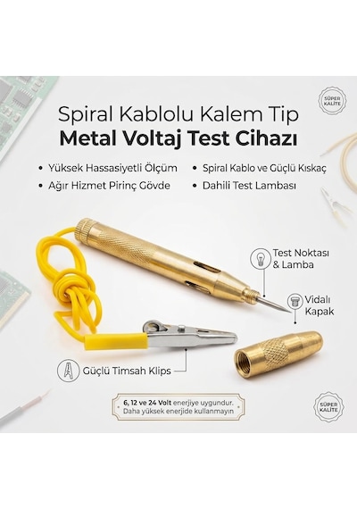 Metal Gövde Spiral Kablolu Araç Arıza Tespit Ve Voltaj Test Kalemi 6v-12v-24v