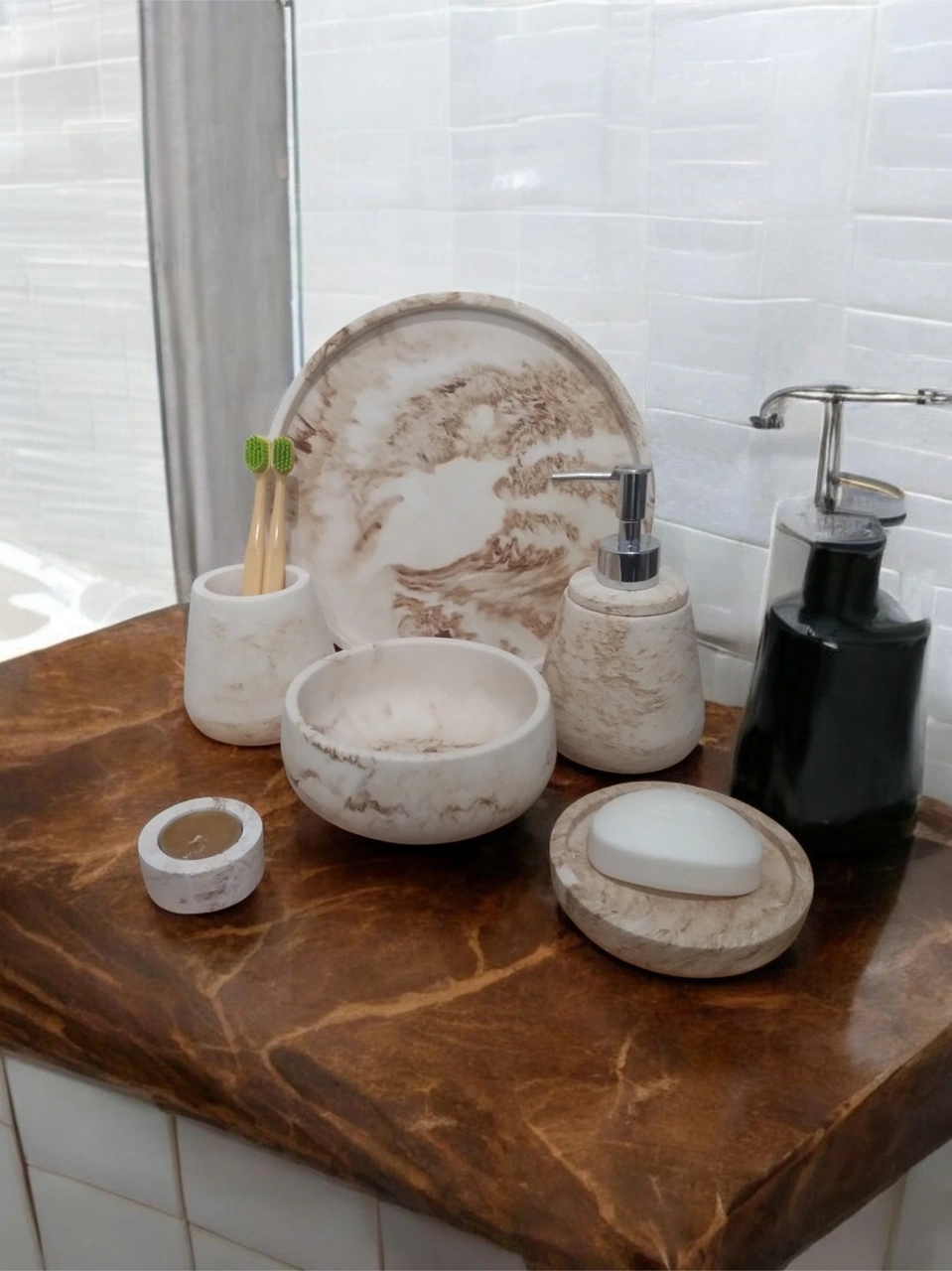 6'lı Mermer Desen Bej Beton Banyo Seti ,sıvı Sabunluk Diş Fırçalığı Aksesuar Takım Bej