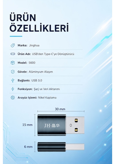 Usb 3.0 - Type-c Dönüştürücü Adaptör, Usb-a - Usb-c Çevirici, Hızlı Şarj Ve Veri Aktarım Destekli, Telefon Tablet Laptop Uyumlu, Alüminyum Gövde, Kompakt S600