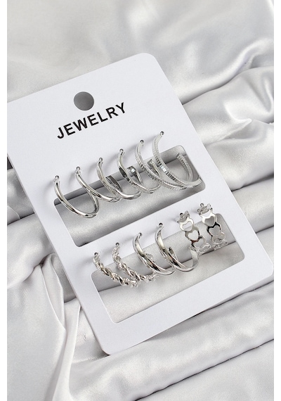 Mey İthalat Pirinç Karışık Halka Model Gümüş Renk 6 Çift Kadın Küpe Set Çok Renkli 02987604