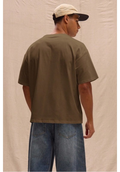 Erkek %100 Organik Pamuklu Kalın Dokulu Comfort Fit Bisiklet Yakalı T-shirt Kahverengi