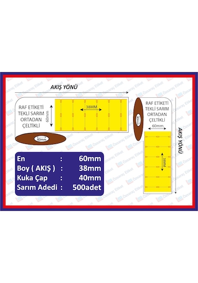 Raf Etiketi 38x60 500 Sarım  Yatay Sarı Renkli Ortadan Çeltikli