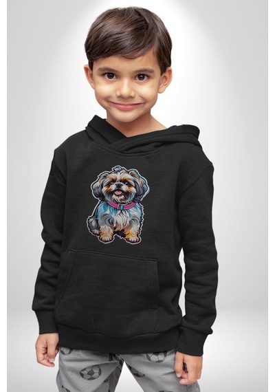 Shih Tzu Renkli Köpek Kadın Erkek Siyah Kapüşonlu Sweatshirt Hoodie Siyah