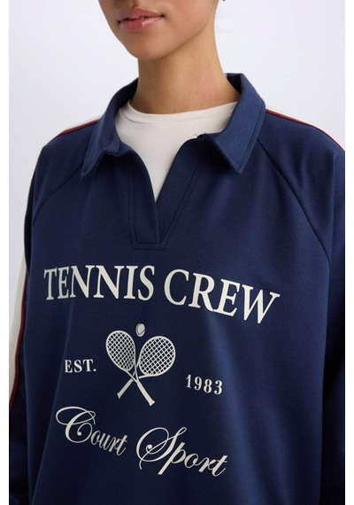 DeFactoFit Oversize Geniş Kalıp Polo Yaka Baskılı Sporcu Sweatshirt D7131AX25SPNV241