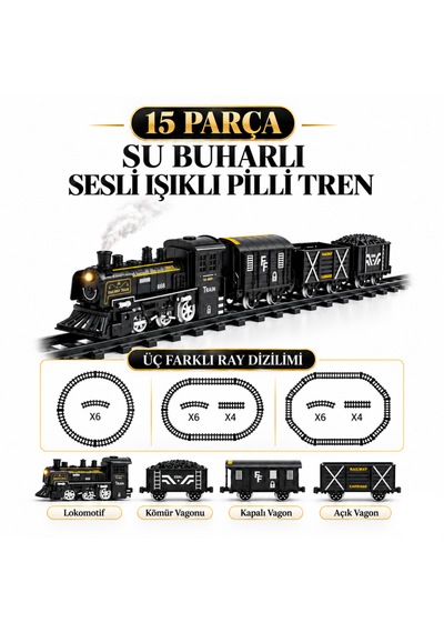 Oyuncak 15 Parça Su Buharlı Oyuncak Tren Seti Işıklı Sesli Pilli 3 Farklı Ray Dizilimli Lokomotif Ve Vagon Seti