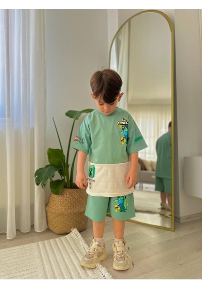 Miniko Kids Erkek Çocuk Minecraftt Modelli Baskılı Şortlu Pamuk Takım Yeşil