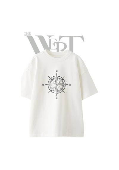Thewert Compass Rose Tasarım Baskılı Ünisex Beyaz Oversize T-shirt