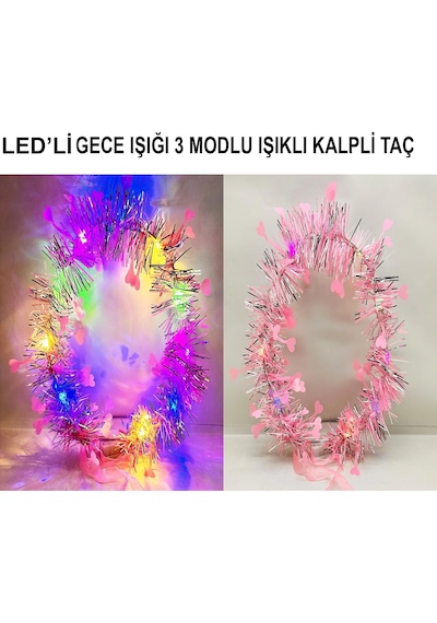 Kalp Püsküllü Gece Parıltısı 3 Modlu Led39li Işıklı Taç Pembe Renk "