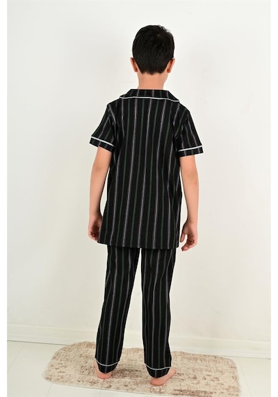 Vitmo erkek çocuk kısa kollu düğmeli pijama takımı atlas model siyah