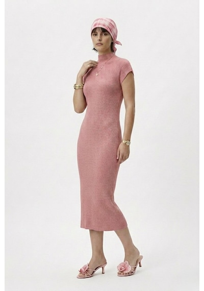 Neden Tekstil Modern Fit Sıfır Kol Yarım Balıkçı Yaka Triko Elbise - Pembe