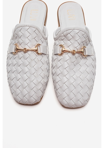 Luvishoes Senıa Beyaz Örgü Hakiki Deri Tokalı Önü Kapalı Kadın Terlik