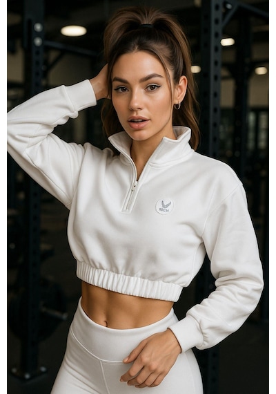 Kadın Fermuar Yaka Detaylı Crop Lastikli Rahat Kalıp Sweatshirt Beyaz