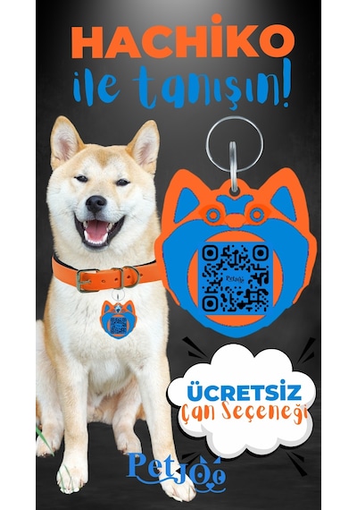 Petjoo 19.Hachiko Mavi-Turuncu Qr'lı Köpek Künyesi
