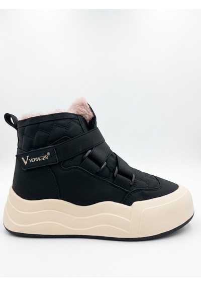 Voyager Kadın Cırt Cırtlı Kalı, Taban İçi Kürklü Kaymaz Taban Sneaker Bot Siyah