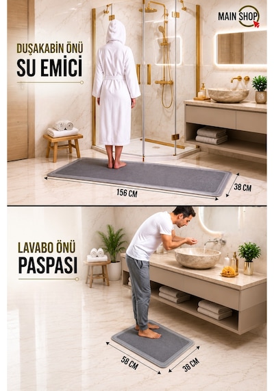 Mainshop 2 Li Set Sihirli Su Emici Mutfak Banyo Paspası Kaymaz Tabanlı 156x38 Cm Takım 38x58 Cm Yazısız Model M-62 Gri
