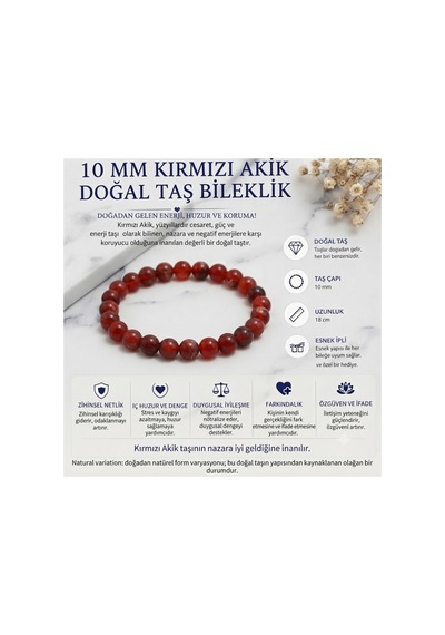 10 Mm Kırmızı Akik Doğal Taş Bileklik El Yapımı Esnek Unisex Tasarım Kırmızı Kırmızı
