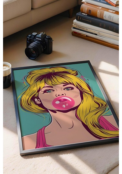 Balon Çiklet Şişiren Kadın Çerçeveli Tablo - Pop Art Poster Tablo