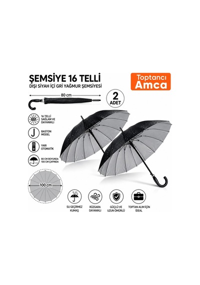 Toptancı Amca 2 Adet Şemsiye Toptan Şemsiye İçi Gri Baston Şemsiye Unisex Yağmur Şemsiyesi Siyah