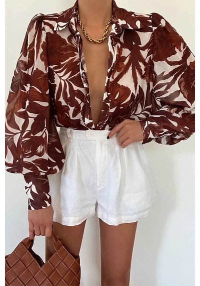 Aymer Fleetwood Blouse - Rahat Kesimli, Düğmeli, Uzun Püskül Kol Bluz Kahverengi